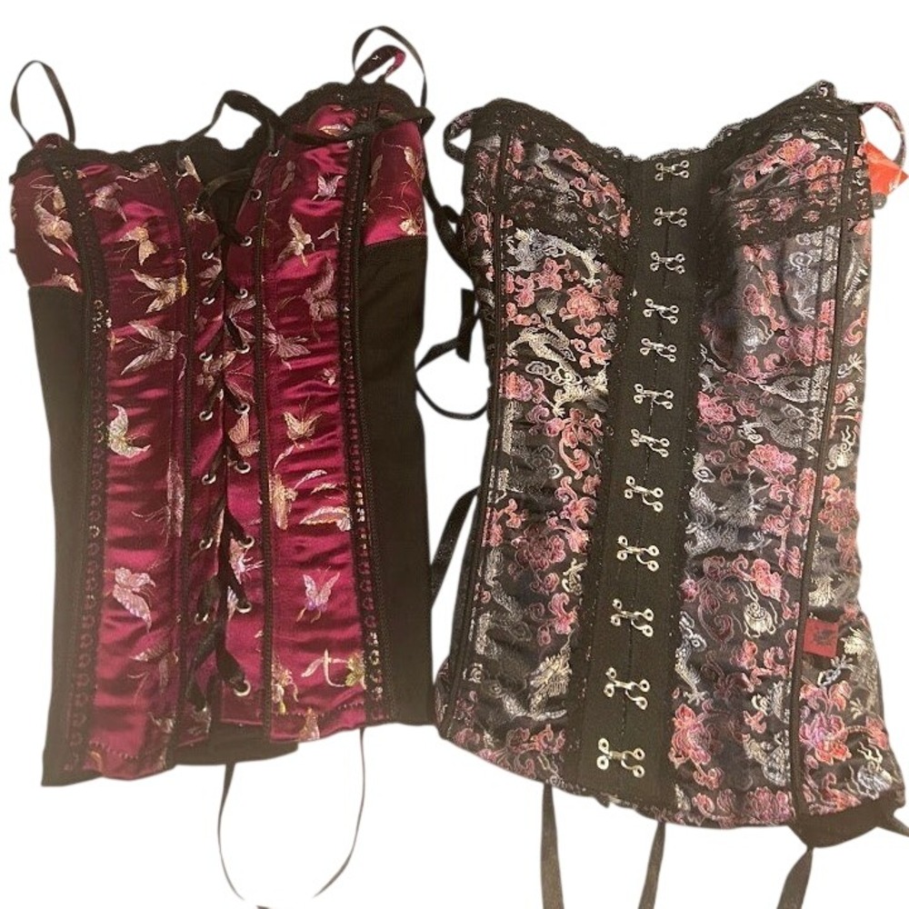 Two Women's Jacquard Corset Tops Butterfly Dragon Brocade Lace Up Pink Black